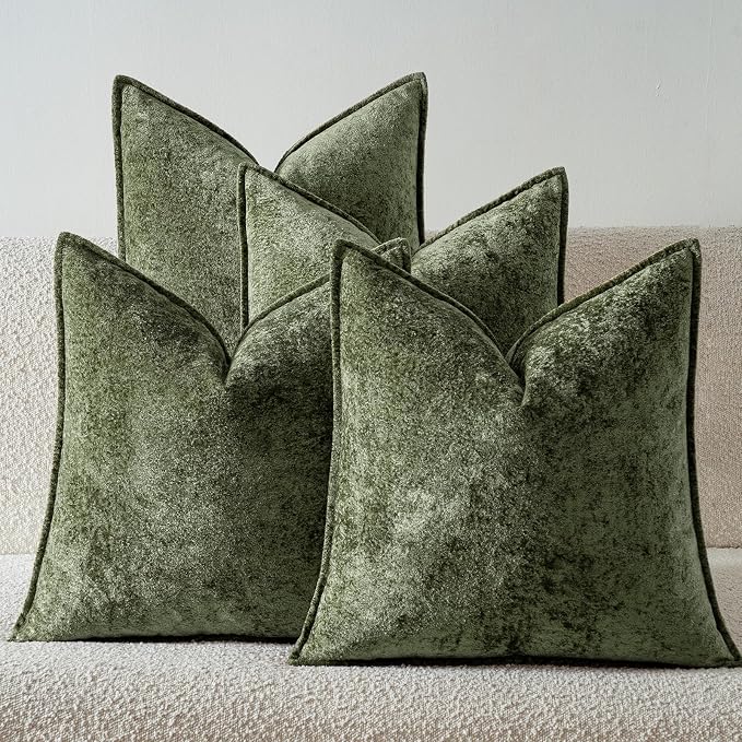 a moment Throw Pillow Covers 26X26 Inch 4 Packs,Soft Velvet Decorative Pillow Cases with 3D Ice Flower,Texture Modern Accent Cushion Covers for Sofa Couch Home Decor Moss Green