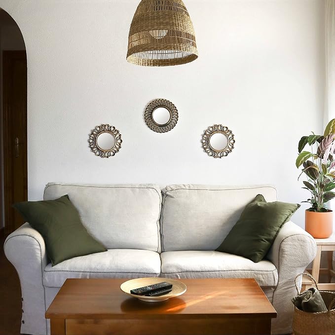 BONNYCO Wall Mirrors Pack of 3, Round Gold Mirrors for Home Decor Bedroom and Living Room. Espejos Decorativos de Pared Sala Dormitorio, Circle Wall Decor Minimalist Vintage Chic. Gifts for Women Mums | Pack of 3 Round Mirrors Ideal for Living Room, Ho...