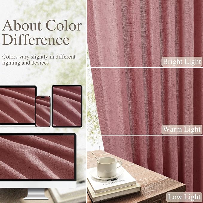 Extra Long Linen Curtains 120 Inches for Living Room Back Tab Semi Sheer High Floor to Ceiling 10ft Light Filtering Curtain Boho Farmhouse Window Drapes for Bedroom 2 Panels Canyon Rose