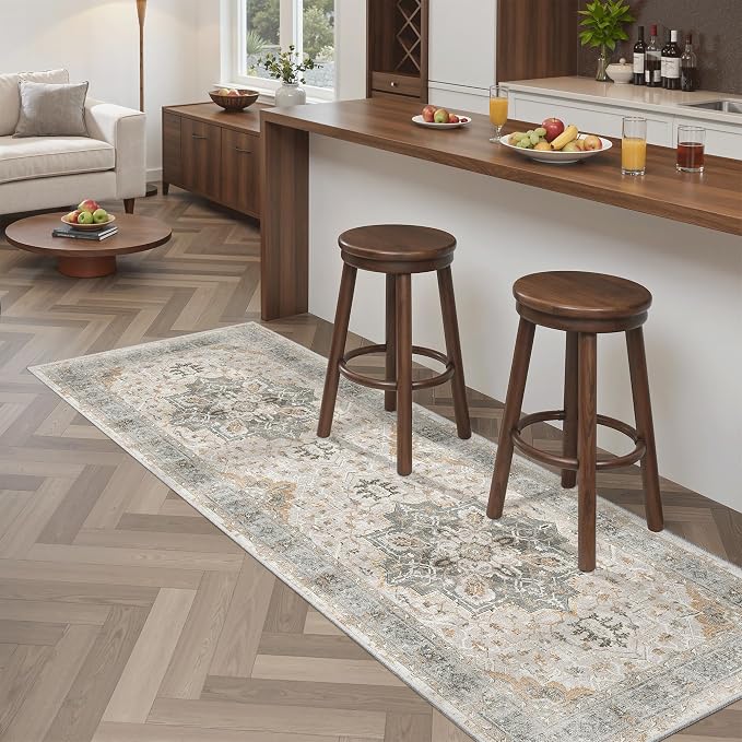 Madane Hallway Runner Rug 2x5 Washable Entry Rugs Soft, Light Taupe Brown | Vintage Printed Low-Pile Kitchen Runners, Non-Slip Low-Pile Stain-Resistant Throw Carpet for Bedroom Entrance Laundry Room
