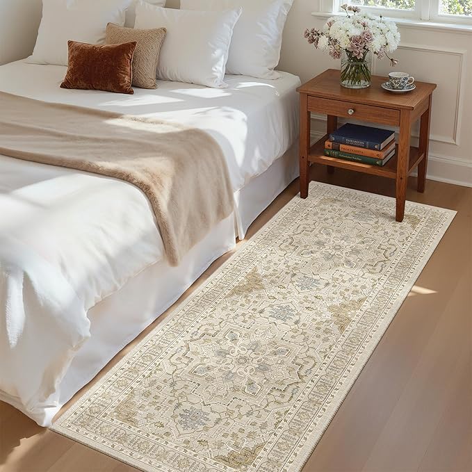 Madane Washable Runner Rug 2x6 Runners for Hallways Non Slip, Beige/Blue | Vintage Stain-Resistant 6 Feet Kitchen Rug, Soft Low-Pile Ultra-Thin Floor Carpet Mat for Bathroom Laundry Room Bedroom 2x6ft