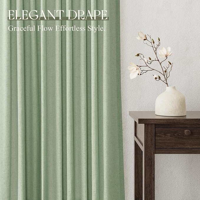 Jowels Mist Sage Linen Curtains 84 Inch Long 2 Panels for Living Room | Light Filtering Semi Sheer Curtain, Back Tab Pocket Pleated Look, Boho Farmhouse Textured Privacy Drapes for Bedroom Window