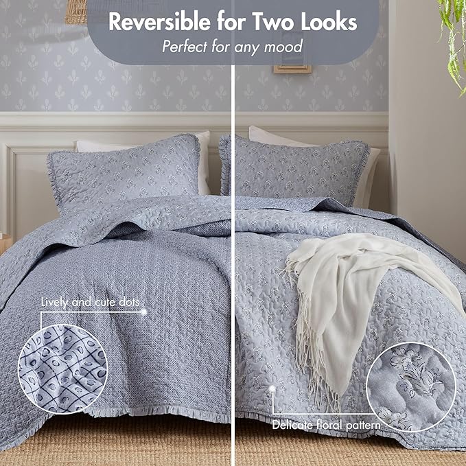 Madison Park Vintage Floral Quilt Set, 3PC Queen Reversible Bedding Set | Lightweight Bedspread Set with 2 Shams, Traditional Block Print Coverlets with Ruffled Edge, Grayish Blue