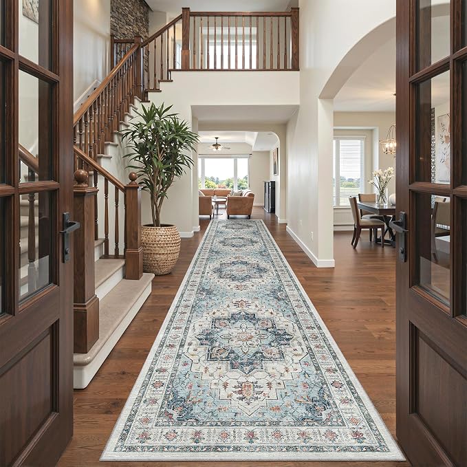 Madane Hallway Runner Rug 3x16 Washable Kitchen Runners Long, Blue | Vintage Non-Slip Wide Area Rugs 16ft for Entryway, Soft Thin Low-Pile Farmhouse Indoor Floor Carpet for Living Room Bedroom