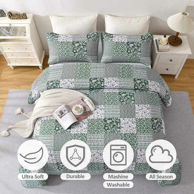 Mybedsoul Boho Quilts Queen Size, Patchwork Reversible Bedding Set, Green | Soft Lightweight Microfiber Coverlet Set, 3 Pieces Plaid Reversible Bedspread, Bed Sets for All Seasons 90"x96"