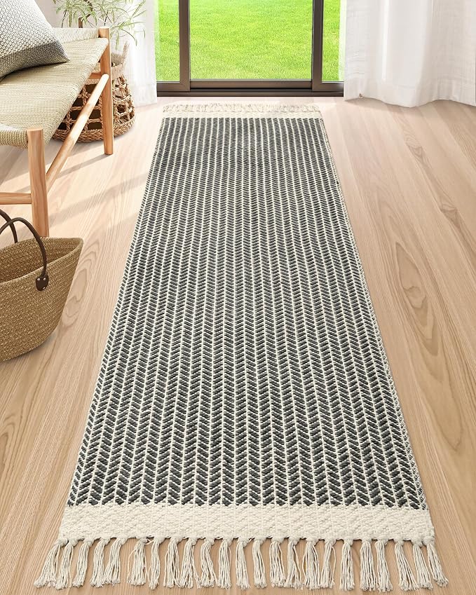 Lahome Boho Kitchen Runner Rug, 2'6''x8 Washable Rugs for Bathroom Entryway | Woven Cotton Hallway Runners with Tassels, Farmhouse Decor Mats, Non Shedding Lightweight Grey Carpet for Bath Foyer