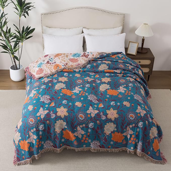 Phuryllic Boho Throw Blanket Full Size, Soft Cozy Cotton Muslin Quilt Blanket for Bed Decor, Floral Patterned Couch Sofa Chair Cover, Vintage Farmhouse Cottage Tapestry Woven Blanket, Coral&Green