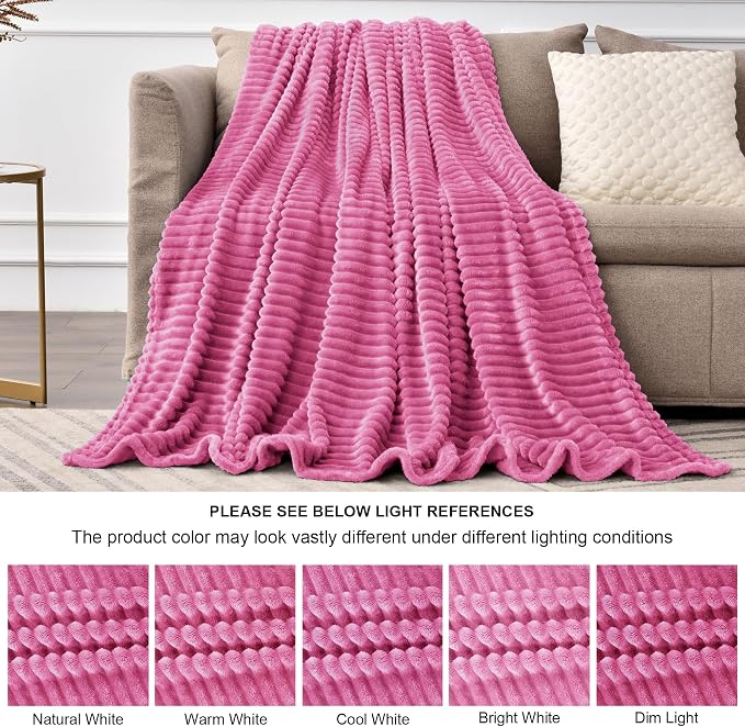 BEDELITE 3D Ribbed Hot Pink Fleece Throw Blanket for Couch, 50x60 Inch | Soft Warm Decorative Fluffy Blanket, Cozy Plush Lightweight Fuzzy Throw Blanket for Bed Sofa Home Room Decor, Gift for Women