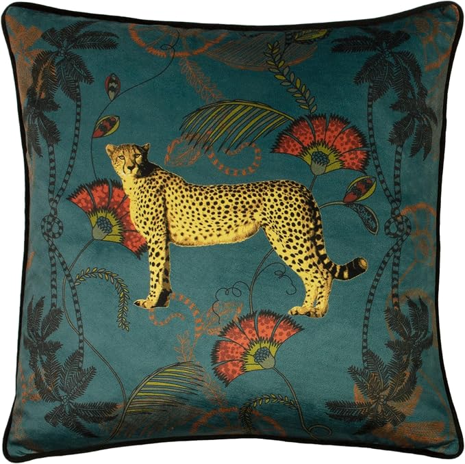 Paoletti Cheetah Velvet Cushion – Majestic Jungle Design with Piped Edge (Teal - 45 x 45cm)