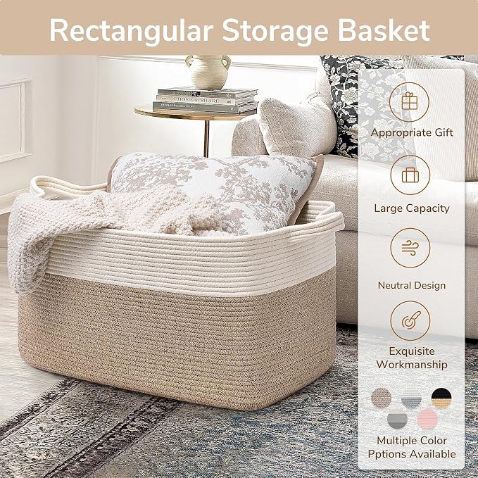 Goodpick Large Woven Blanket Basket, 21.6" x 14.9" x 11.8" Storage Baskets for Organizing, Rectangle Cotton Rope Toy Basket for Living Room, Bedroom, White & Brown (Pack of 3)