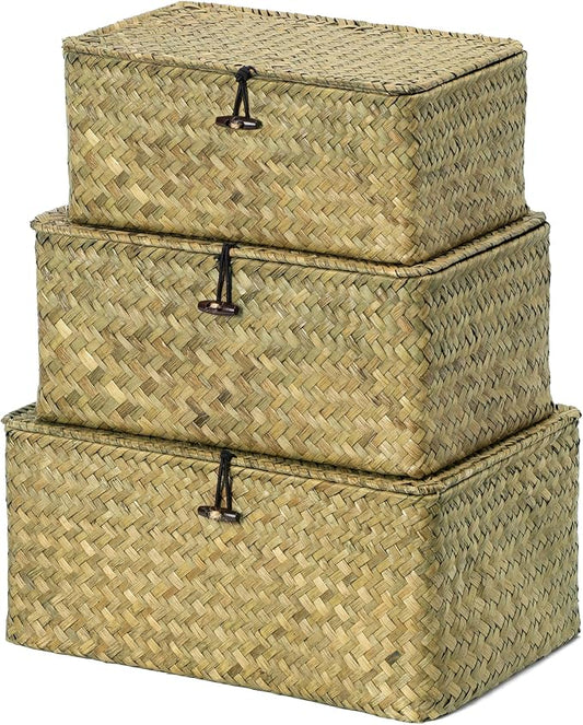 Nonam Seagrass Storage Basket with Lid, Set of 3, Dark Moss Green | Wicker Basket Container for Organizing, Boho Decorative Basket, Rectangular Household Storage Boxes for Home Organization