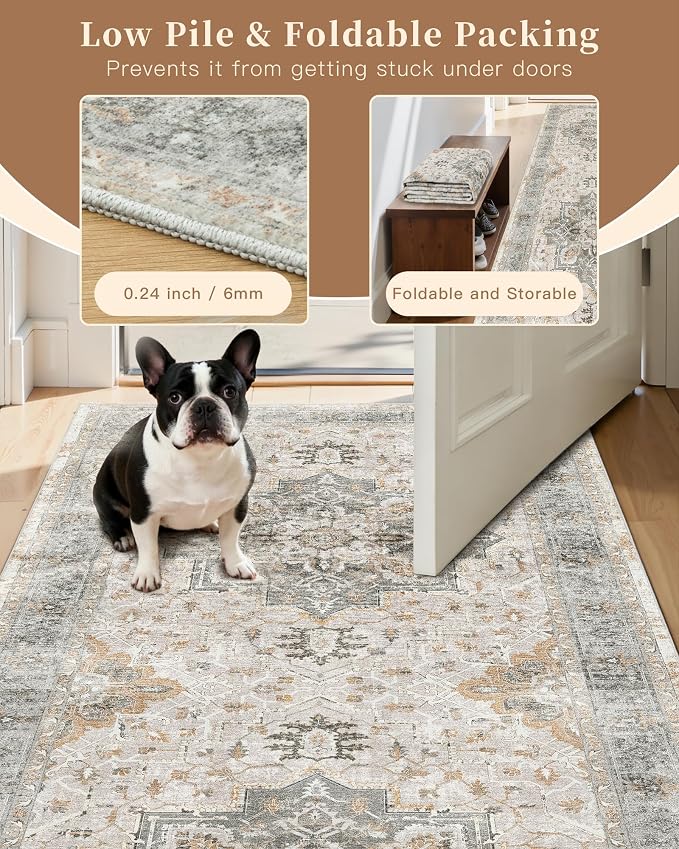 Madane Hallway Runner Rug 2x8 Washable Kitchen Rugs Soft, Light Taupe Brown | Vintage Machine Washable Low-Pile Floor Carpet 8ft, Non-Slip Thin Throw Entry Foyer Mat for Entrance Laundry Living Room