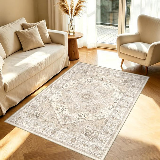 AooHHooA 3x5 Washable Entryway Rug Beige, Soft Stain Resistant 3x5 Boho Rug Vintage Small Rugs for Entryway, Low Pile Lightweight Non-Slip Indoor Door Mat Small Rugs for Bedroom Bathroom