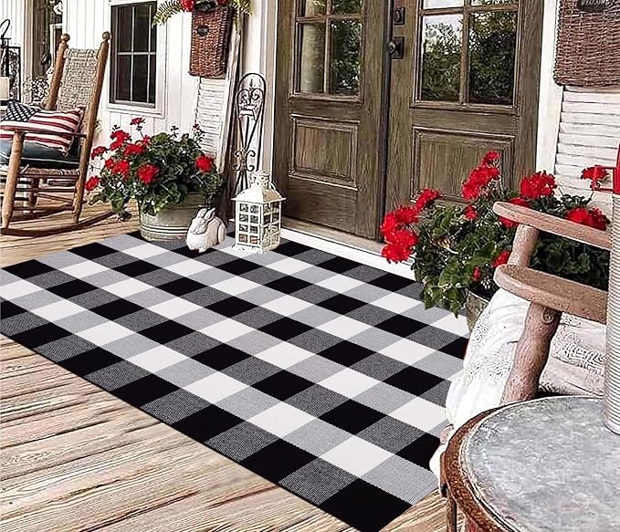 Black and White Outdoor Rug 3'x5'Buffalo Plaid Checkered Front Porch Rug Machine Washable Farmhouse Front Door Mat Outdoor for Front Hello Welcome Mat,Bedroom,Entryway,Patio