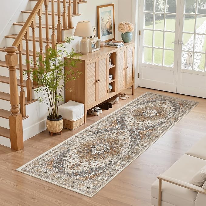 Madane Washable Runner Rug 2x6 Runners for Hallways Non Slip, Turmeric/Grey | Vintage Stain-Resistant 6 Feet Kitchen Rug, Soft Low-Pile Ultra-Thin Floor Carpet Mat for Bathroom Laundry Room Bedroom 2x6ft