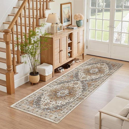 Madane Washable Runner Rug 2x6 Runners for Hallways Non Slip, Turmeric/Grey | Vintage Stain-Resistant 6 Feet Kitchen Rug, Soft Low-Pile Ultra-Thin Floor Carpet Mat for Bathroom Laundry Room Bedroom 2x6ft