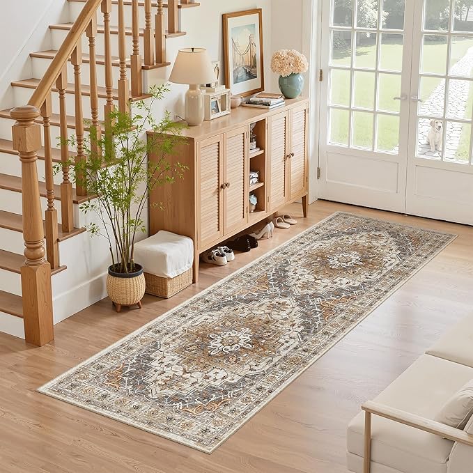 Madane Hallway Runner Rug 2x5 Washable Entry Rugs Non-Slip, Turmeric/Grey | Vintage Printed Low-Pile Kitchen Runners, Soft Low-Pile Stain-Resistant Throw Carpet for Bedroom Entrance Laundry Room 2'x5'