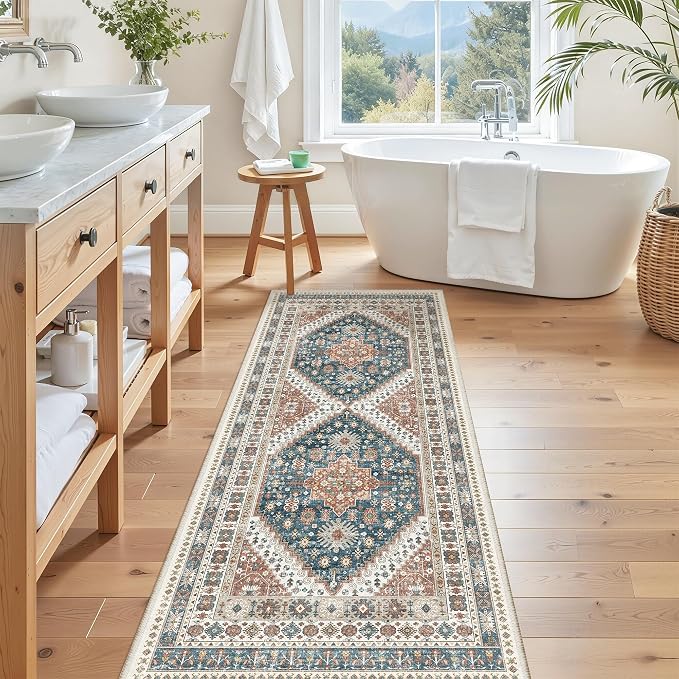 Madane Hallway Runner Rug 2x5 Washable Entry Rugs Non-Slip, Navy Blue | Vintage Printed Low-Pile Kitchen Runners, Soft Low-Pile Stain-Resistant Throw Carpet for Bedroom Entrance Laundry Room 2'x5'