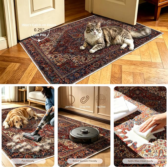 Red 8x10 Washable Rug for Living Room, Non Slip Area Rug for Bedroom | Soft faux wool, machine washable & stain resistant. Non-slip rubber backing, low pile. For living room, bedroom, office.