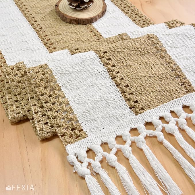FEXIA Boho Table Runner with Tassels Brown for Fall Home Decor 12x72 Inch | Farmhouse Rustic Table Runner Macrame Burlap Woven Dinning Decoration for Living Room Bridal Shower decorations