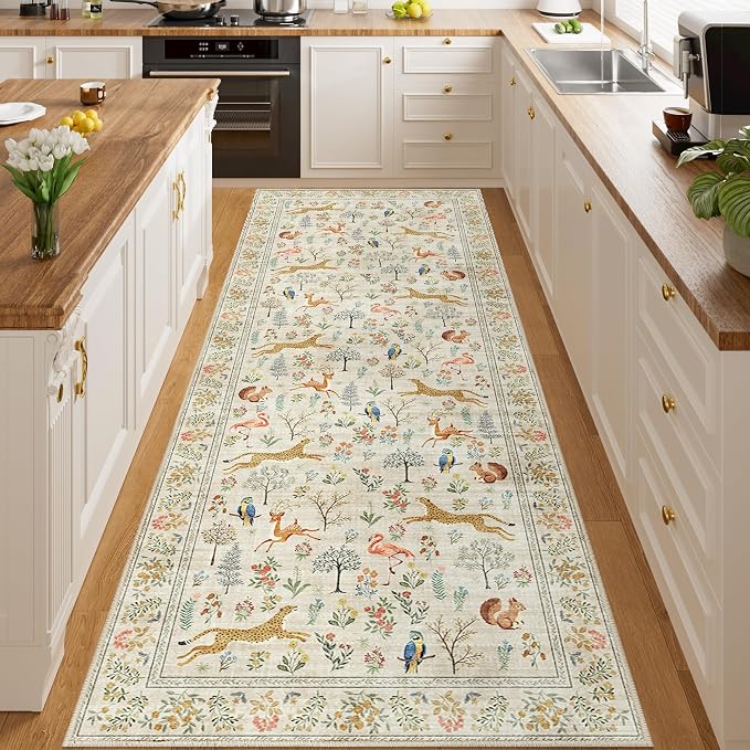 DUKINO 3x8 Runner Rug, Animal Washable Runner Rug for Kitchen, Beige | Non Slip, Low Pile, Soft Indoor Carpet Runner for Hallway, Entryway, Bedroom, Bathroom, Laundry, Pet Friendly, Non-Shedding