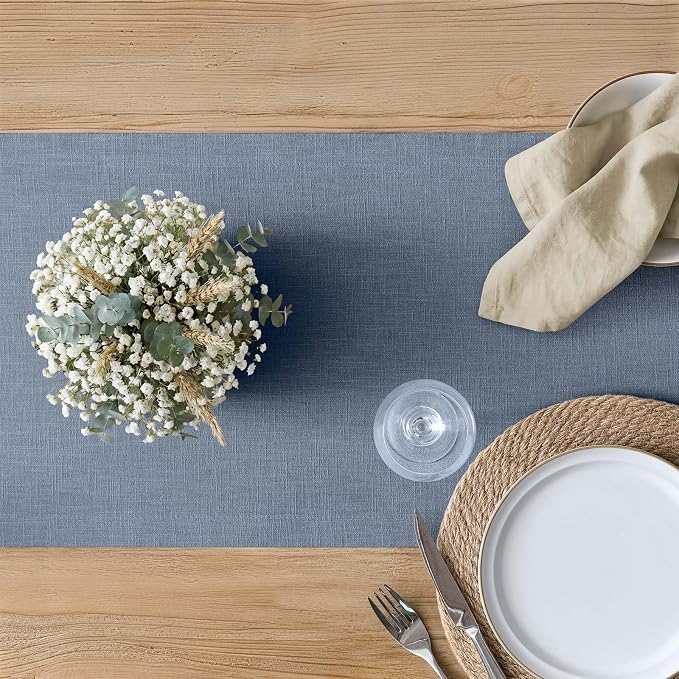 100% Natural Cotton Linen Table Runner, 14x36in Dusty Blue | 75% Linen 25% Cotton, Soft Breathable, Mitered Stitched Corner, Textured Farmhouse Table Runner, Rustic Home Kitchen Decor
