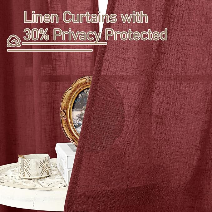 Burgundy Red Sheer Linen Curtains 84 inch Length for Living Room | Light Filtering, Bedroom, Curtains for Farmhouse, Linen Textured, Christmas Drapes, Bronze Grommet, 2 Panels, 52 x 84 Inch