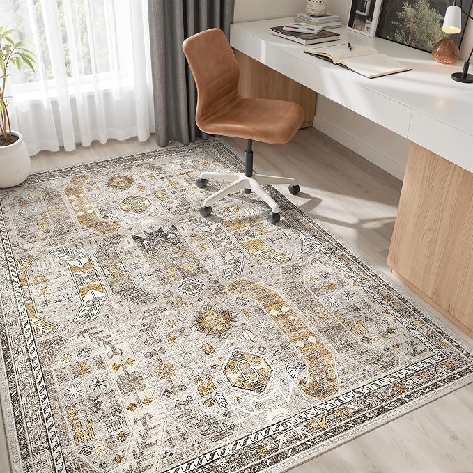 Madane 6x9 Area Rugs for Living Room, Vintage Washable Rug, Brown/Gold | Stain Resistant Floor Carpet With Non-Slip Backing For Bedroom, Dining Bedroom And Office, Soft Low-Pile Home Decor Mat
