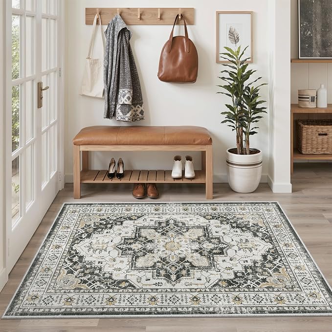 Madane Area Rug 3x5, Washable Vintage Entry Rugs for Bedroom, Black | Vintage Entryway Bedroom Non Slip Door Mat Indoor Entrance, Kitchen Runner Living Room Laundry Playroom Soft Floor Carpets
