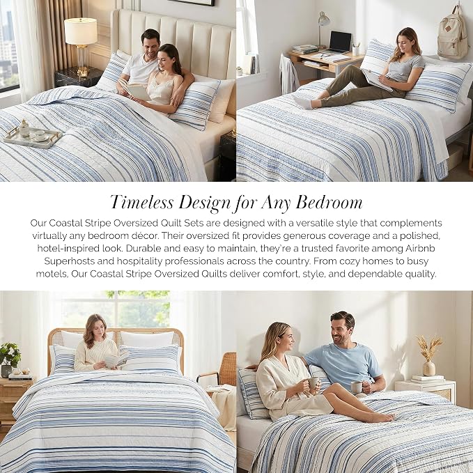 Southshore Fine Living, Inc. Twin XL Quilt Bedding Set, Dorm Bedding Essentials, Stain Resistant, Hotel Quality Striped Bedspread, Twin XL Coverlet Set w/Quilted Pillow Sham, Blue Striped Quilts
