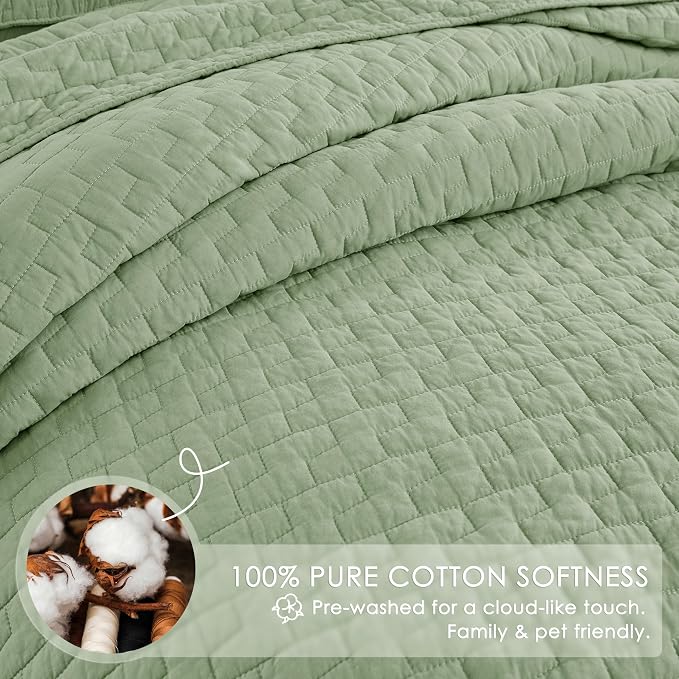 palassio Sage Green 100% Cotton Quilt Twin Size Bedding Sets with 1 Pillow Sham, Textured Lightweight Soft Bedspread Shabby Chic Coverlet, Quilted Thin Comforter Bed Cover for All Season, 2 Pieces