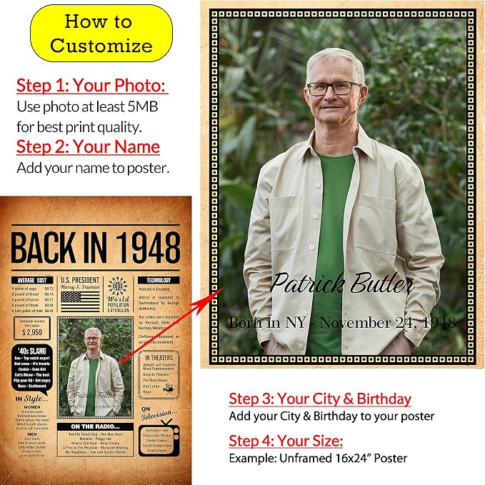 Back in 1948 Poster Sign, Personalized Birthday Gifts Idea, Custom 1948 Historical Birthday Newspaper, Born in 1948 Birthday Party Decorations, Fun Fact for the Day You Were Born, Decor Art Print