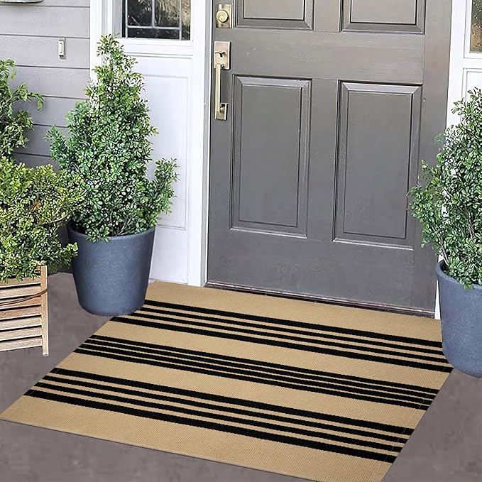 Front Outdoor Door Mat 2'x3',Khaki and Tan Striped Outdoor Rug Machine Washable Cotton Layered Door Mat Entryway Throw Rug for Indoor Entrance