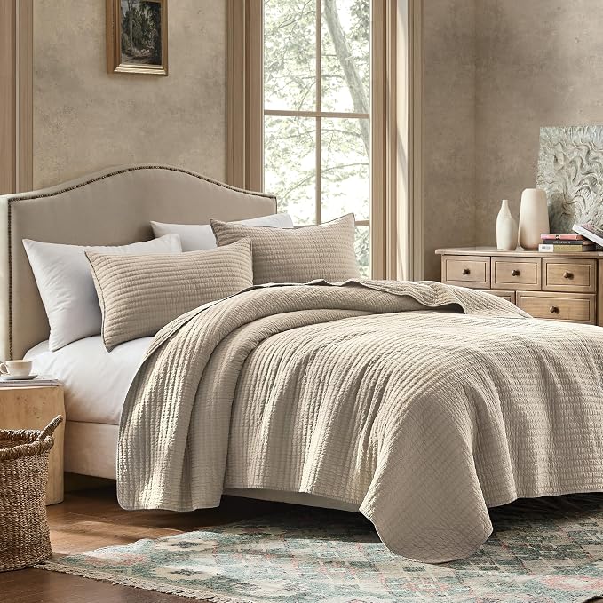WDCOZY 100% Cotton King Size Quilt Set - Beige Neutral Striped Pick Stitch Soft Lightweight Bedspread, Textured Like Linen, Farmhouse Country Rustic Coverlet, Shabby Chic Gauze Bedding, 3 Pieces