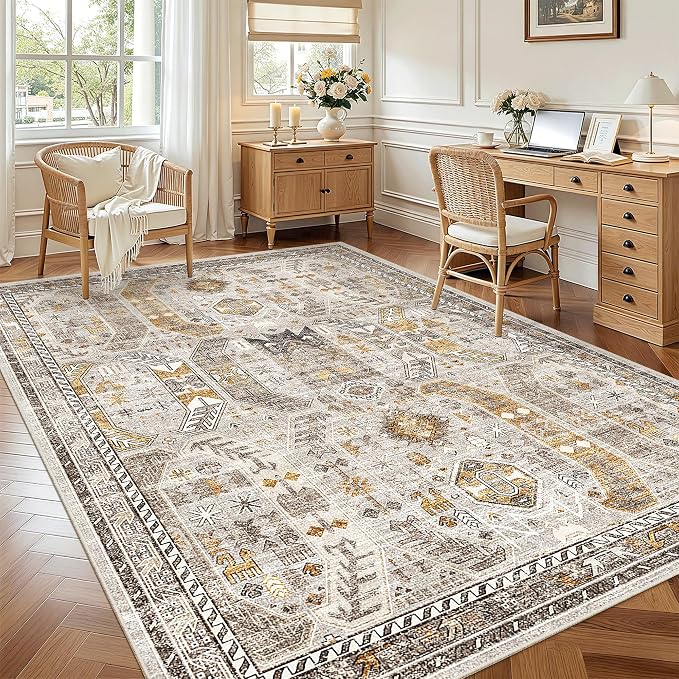 Madane 5x7 Area Rugs for Living Room, Non-Slip Washable Rug, Brown/Gold | Ultra-Thin Stain Resistant Vintage Large 5'X7' Carpet, Soft Low Pile Floor Mat For Bedroom Dining Room Office Home Decor