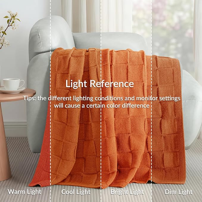 Whale Flotilla Checkered Knit Throw Blanket for Couch, Burnt Orange | Soft Decorative Knitted Blankets for Couch Sofa Bed, Lightweight Cozy Throws for Spring Summer, 60x80 Inch