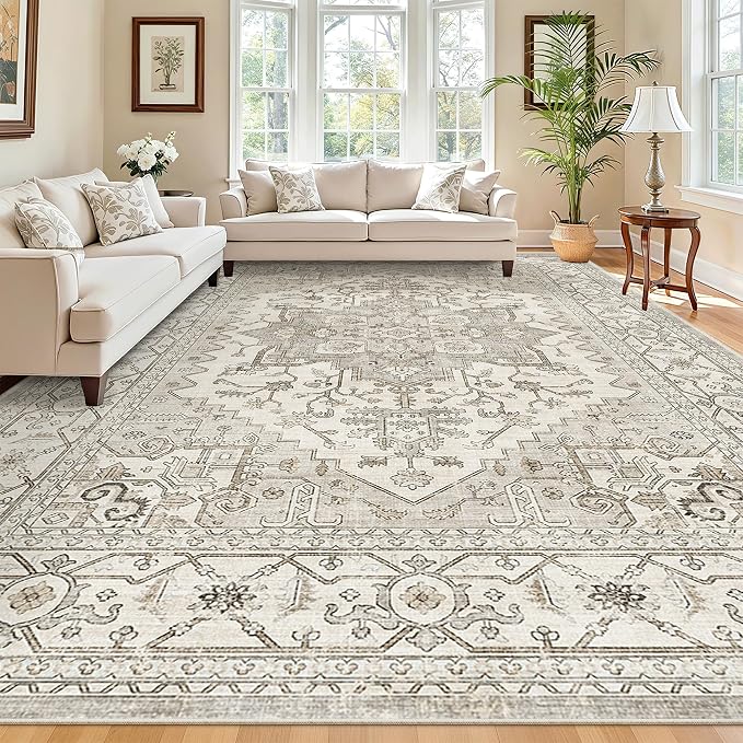 Madane 8x10 Area Rugs for Living Room, Non-Slip Washable Rug, Beige/Brown | Ultra-Thin Stain Resistant Vintage Large 8'X10' Carpet, Soft Low Pile Floor Mat For Bedroom Dining Room Office Home Decor