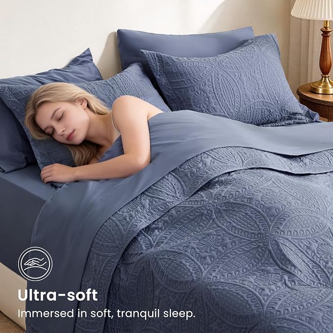 Love's cabin Queen Quilt Set Bluish Grey, Bed in a Bag Queen Bedding 7 Pcs, Ultrasonic Embossed Coin Pattern Comforter, Lightweight Bedspreads for All Seasons Quilt with Sheets, Pillowcases & Shams