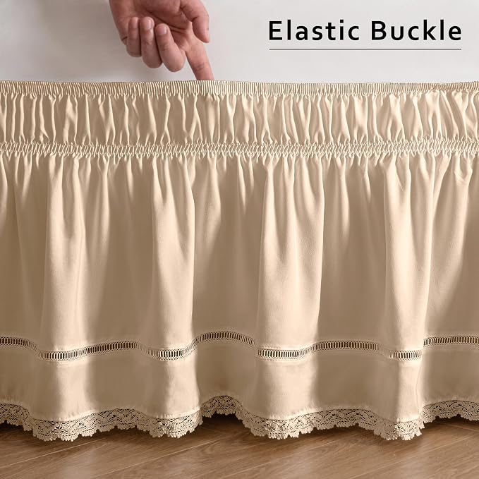 MIYE Wrap Around Ruffled Lace Bed Skirt, Elastic Dust Ruffle with Adjustable Belts, Easy to Put On, Bed Frame Cover, Machine Washable (Floral Lace/Beige, King/Queen-15 Drop)