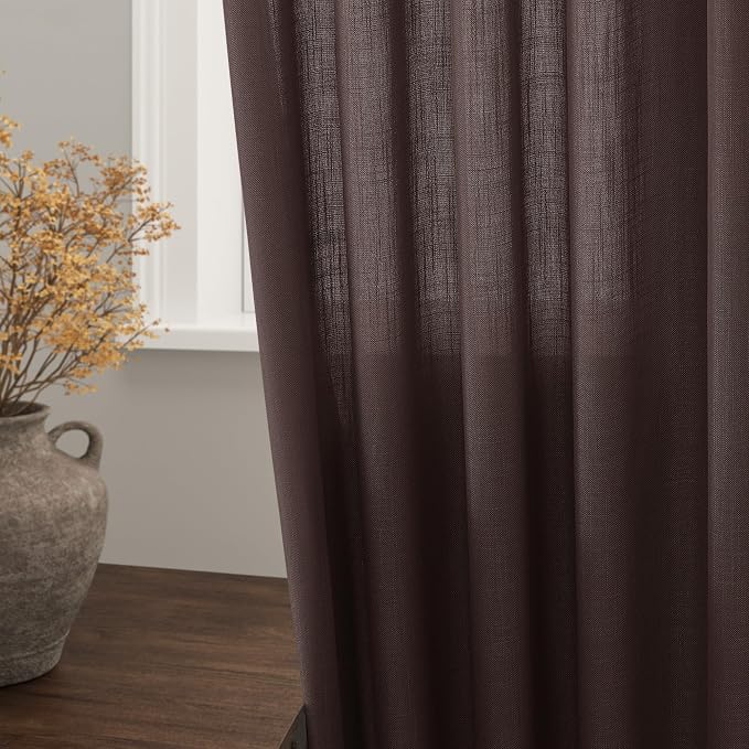 Coffee Linen Blend Drapes 84 Inch Length 2 Panels Set Back Tab Rod Pocket Light Filtering Privacy Semi Sheer Textured Curtains Neutral Farmhouse Decor Curtains for Living Room Bedroom 52x84