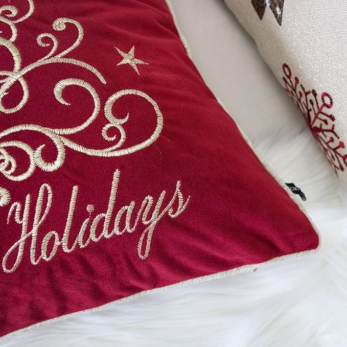 Embroidery Red Velvet Throw Pillow Cover, Merry Christmas Series Floral Tree Luxury Soft Fuzzy Cozy Warm Slik Decorative Gift Square Couch Cushion Pillow Case 20 x 20 Inch, Cover Only
