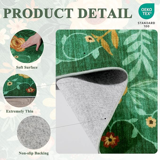 DUKINO 3x5 Area Rug, Floral Washable Rug for Bedroom Non Slip, Dark Green | Soft, Stain Resistant Low Pile Indoor Rug for Entryway, Bedroom, Bathroom, Living Room, Pet Friendly, Home Decor, Lightweight