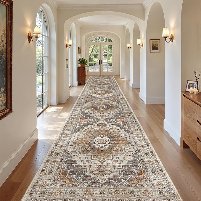 Madane Hallway Runner Rug 3x18 Washable Kitchen Runners 18ft, Turmeric/Grey | Vintage Non Slip Extra Long Area Rugs for Hallways, Soft Low-Pile Farmhouse Wide Floor Carpet for Entryway Bathroom Bedroom