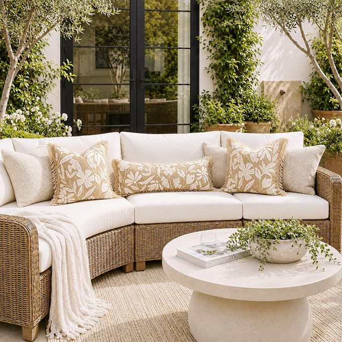 BlissBlush Long Lumbar Pillow Cover 14x36 Indoor Outdoor, Jute Inspired Floral Tufted Accent Oversize Throw Pillowcase for Patio Bed Bedroom, Cover Only