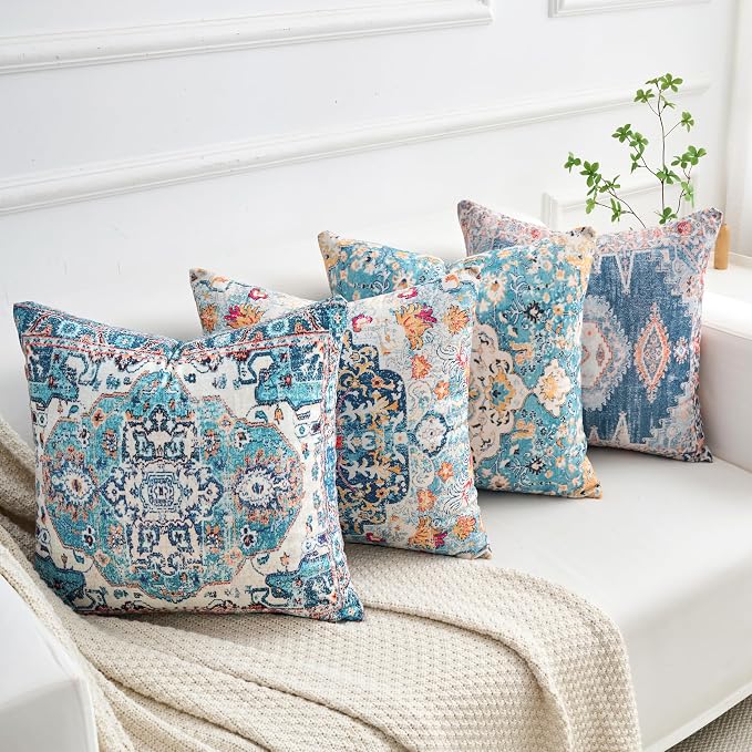 Set of 4 Vintage Blue Floral Throw Pillow Covers 18x18 Inch, Boho Medallion Decorative Pillow Cases Soft Cushion Covers for Couch Bed Living Room Spring Summer Decor
