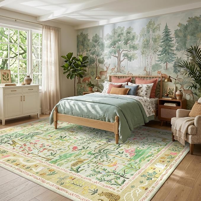 8x10 Washable Rug for Living Room Green Animal Print Large Bedroom Rugs Non Slip Forest Nursery Girls Room Throw Carpet Stain Resistant Whimsical Safari Area Rugs for Home Office, Sage Green