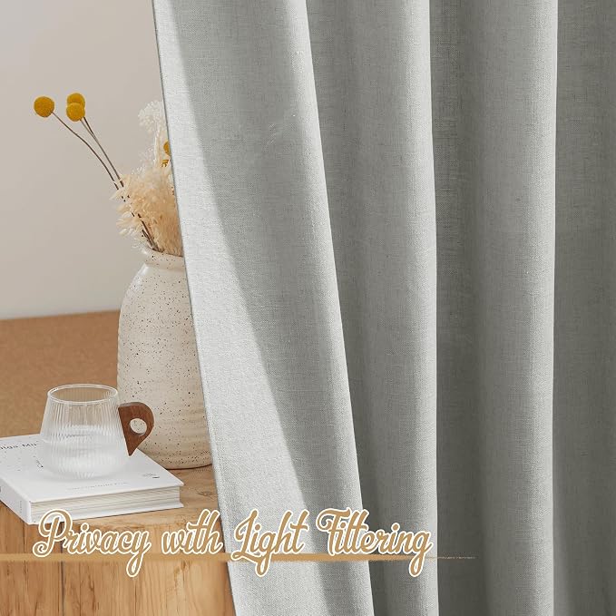 NICETOWN Linen Gray Curtains for Bedroom, Rod Pocket & Back Tab Flax Linen Burlap Semi Sheer Eclectic Window Treatments Privacy with Light Filtering for Boys Room/Living Room, W52 x L95