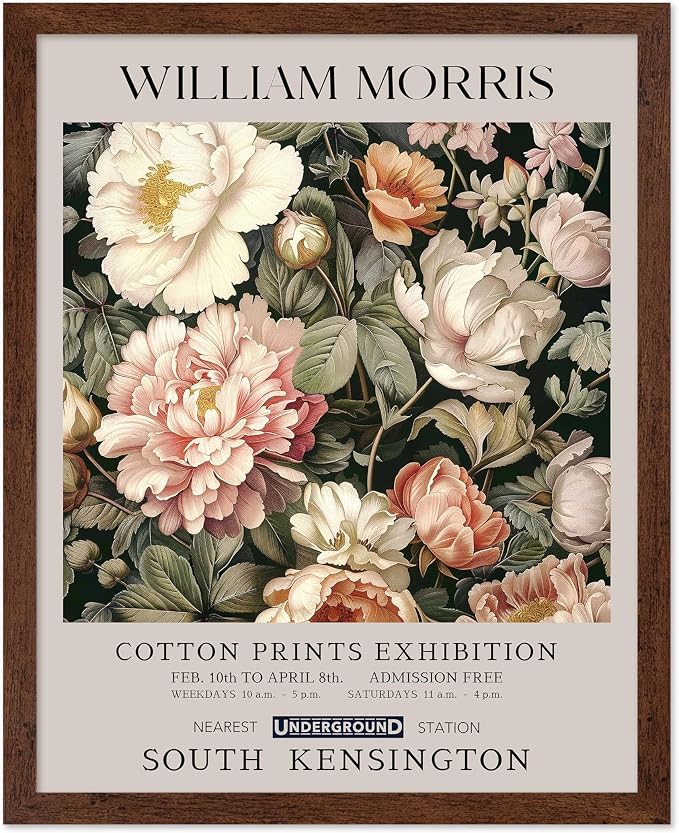 Poster Master William Morris Poster - Pink Peonies Print - Flower Art - Botanical Art - Exhibition Illustration - Textile Pattern Illustration - Floral Illustration - Aesthetic Office or Bedroom Decor - 8x10 Brown Framed