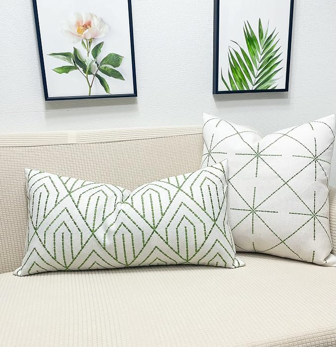 Slow Cow Linen Embroidery Decorative Lumbar Throw Pillow Cover Rectangular Pillowcase Cushion Cover for Bed Couch Sofa 12 x 24 Inches Green