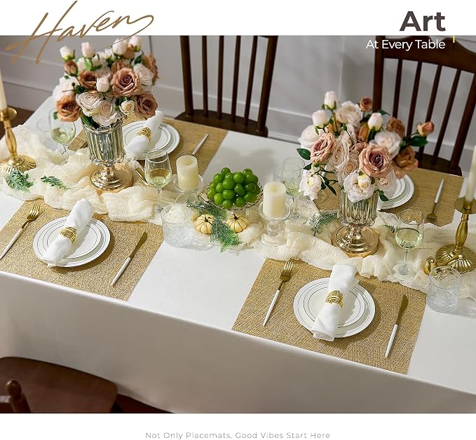 Leetaltree Gold Placemats Set of 8 - Heat Resistant Non-Slip Place mats for Dining Table, Washable Durable PVC Vinyl Woven Table Mats(Luxury Gold, 8)